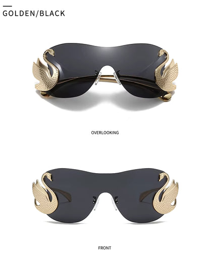 Y2k Women Fashion Swan Inlay Gradient Lens Shades Oversized Rimless Sunglasses Glasses