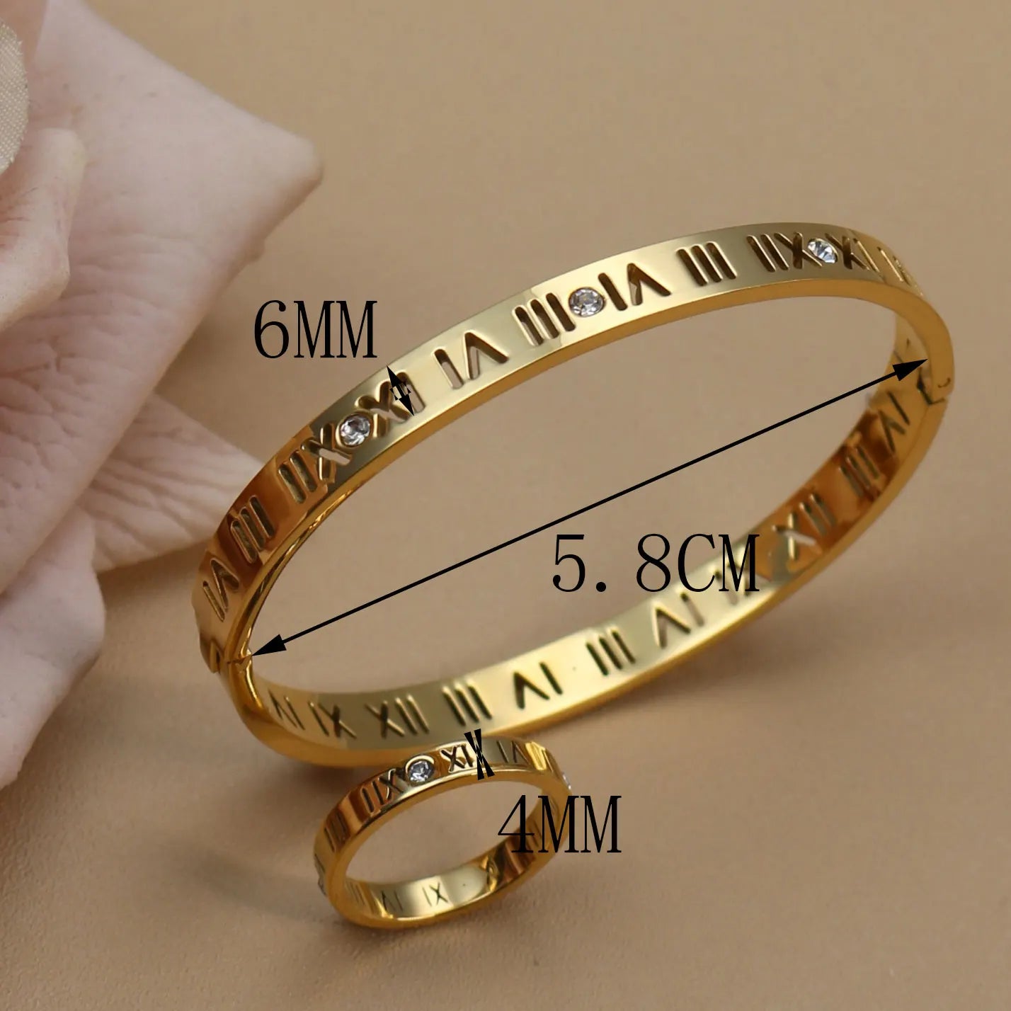 Stainless Steel 18K gold plated Roman Numeral Bracelet Bangles Ring 2-in-1 Jewelry