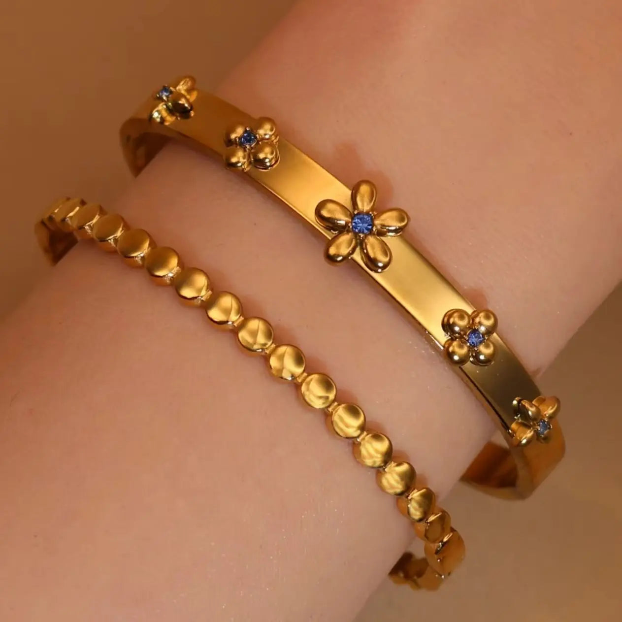 New Floral Blue Zircon Lentil Design 18K Gold Plated Stainless Steel Women's Bracelet Jewelry