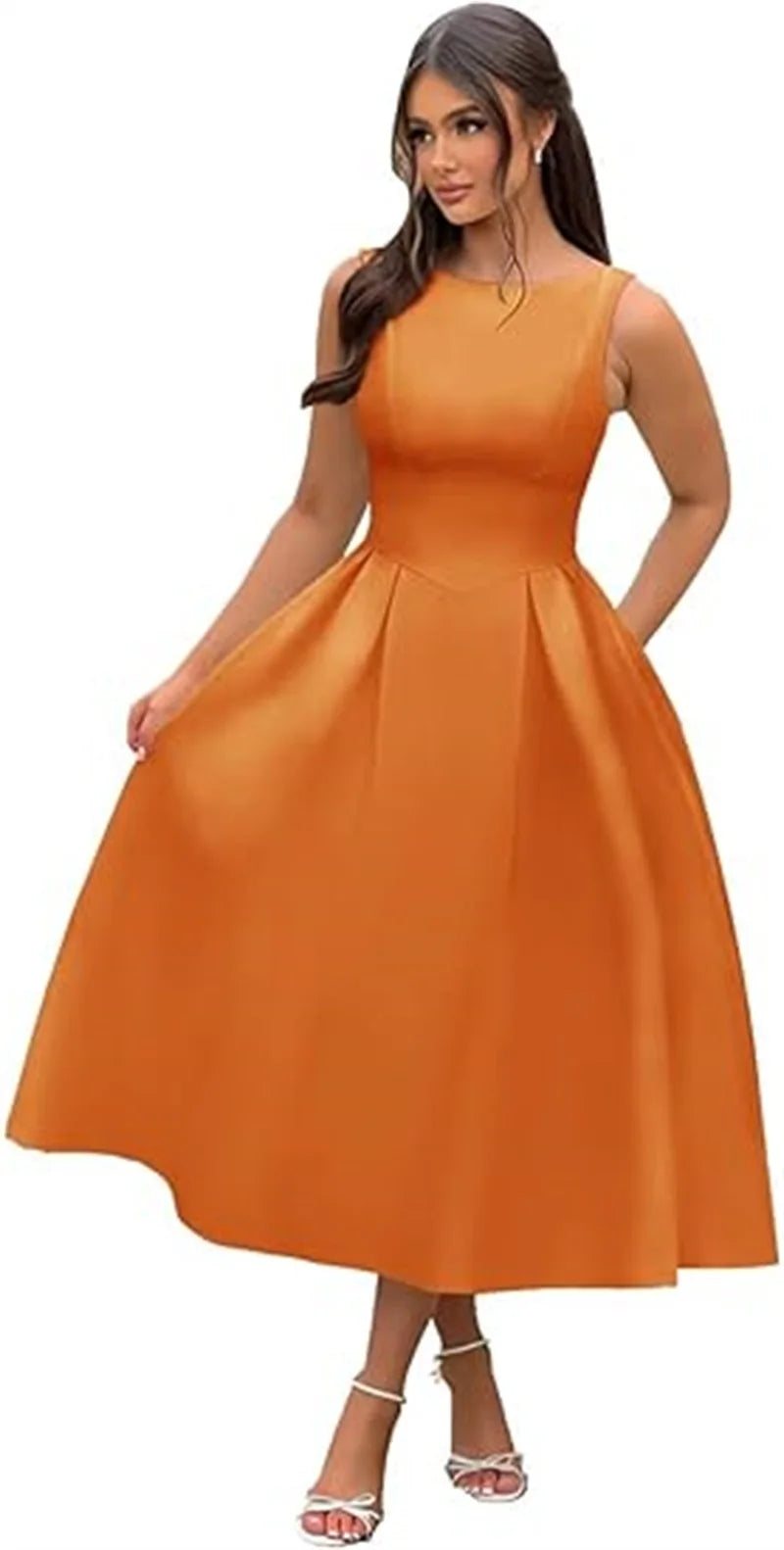 Simple Elegant O-Neck Satin Midi Prom Tea Length Backless A Line Formal Evening Party Bridal Dress w/ Pockets