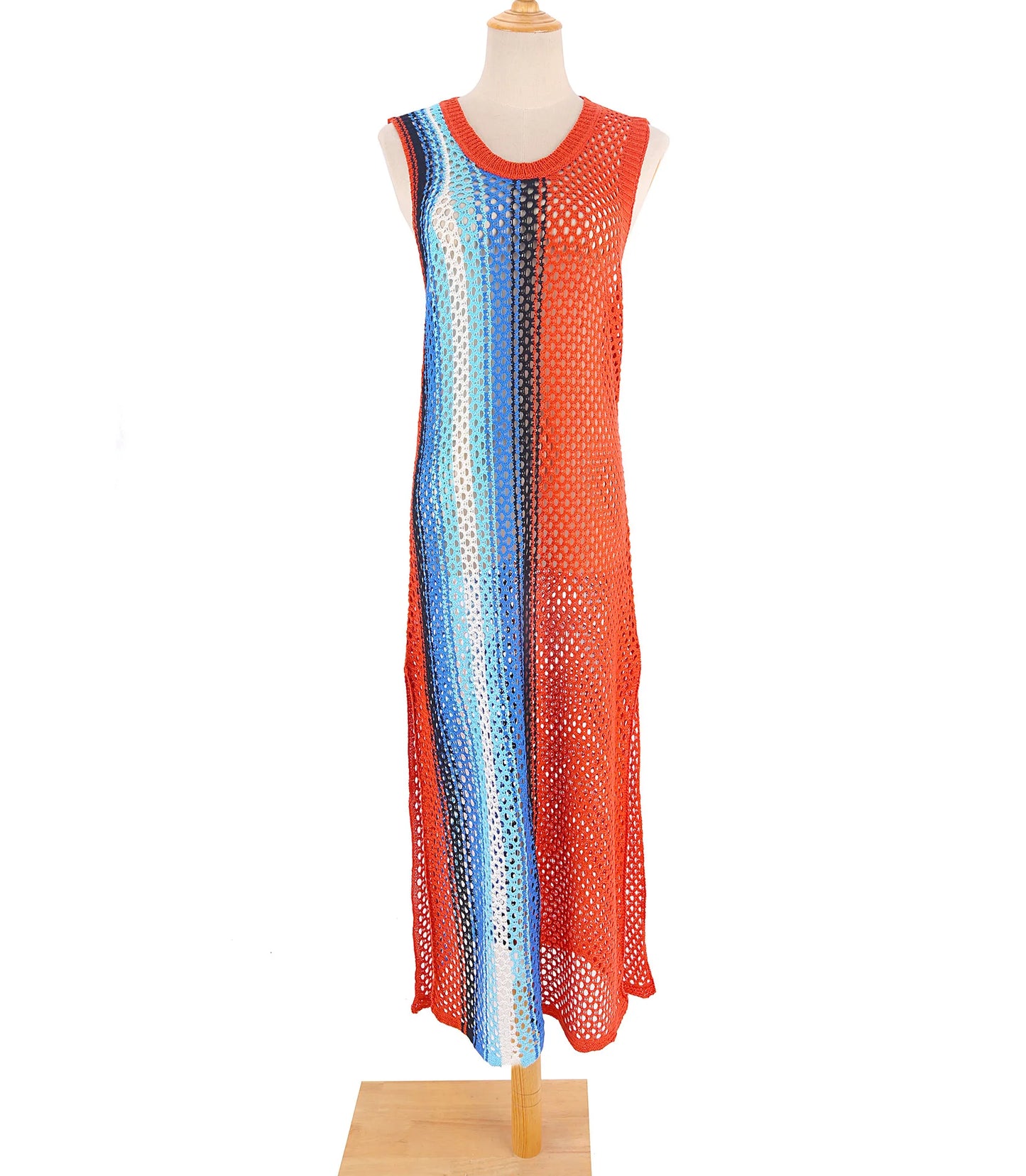 Women Split Crochet Hollow Out Beach Striped Mid Knitted Bodycon Sundress Dress
