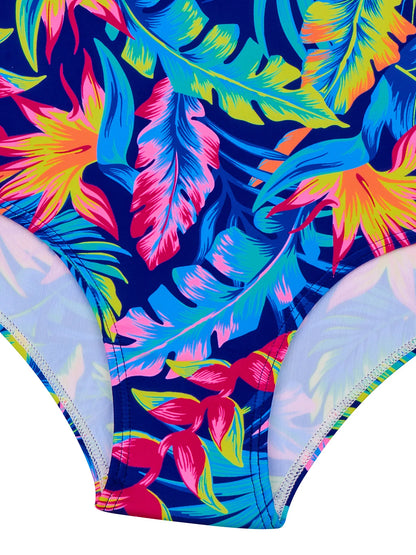 Kids Girls One-Piece Long Sleeve All-over Plants Colorful Leaves Print Boyleg Shorts Swimsuit