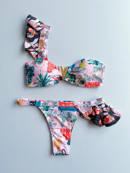 Two-Pieces Sexy Floral Push-Up Strappy Ruffles Bandage Bikini Swimsuit Swimwear Bathing Suit