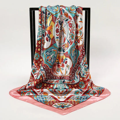 Women Fashion Silk Square Vintage Hijab Flower Prints Pashmina Bandana Scarves