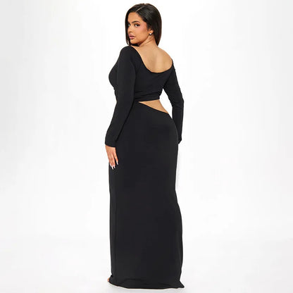 Women Hollow Out Long Sleeve Maxi V Neck Backless Bodycon Evening Maxi Dress