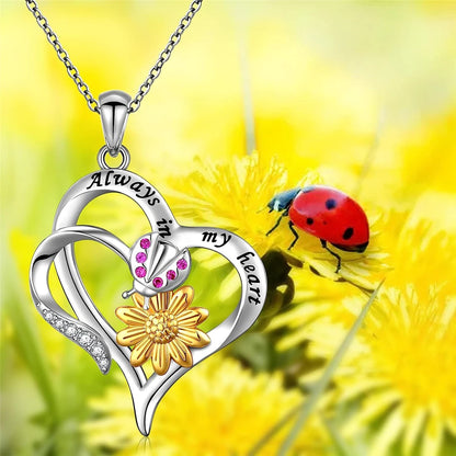 Women Fashion Charm Double Heart Ladybug Sunflower Memorial Pendant Necklace Gifts