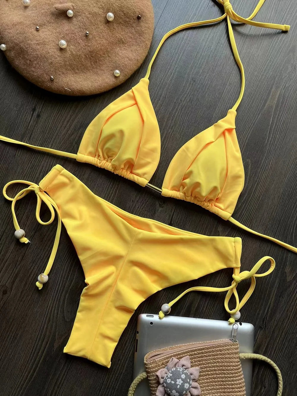 Solid Color Bikini Swimsuit Hanging Neck Rope Split Swimsuit 2-piece Beachwear Suit