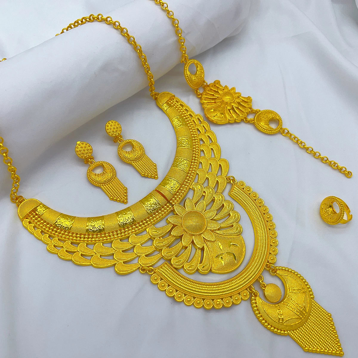 African Dubai Big 24K Gold Plated Women Wedding Indian Brazilian Pendant Necklace Earrings