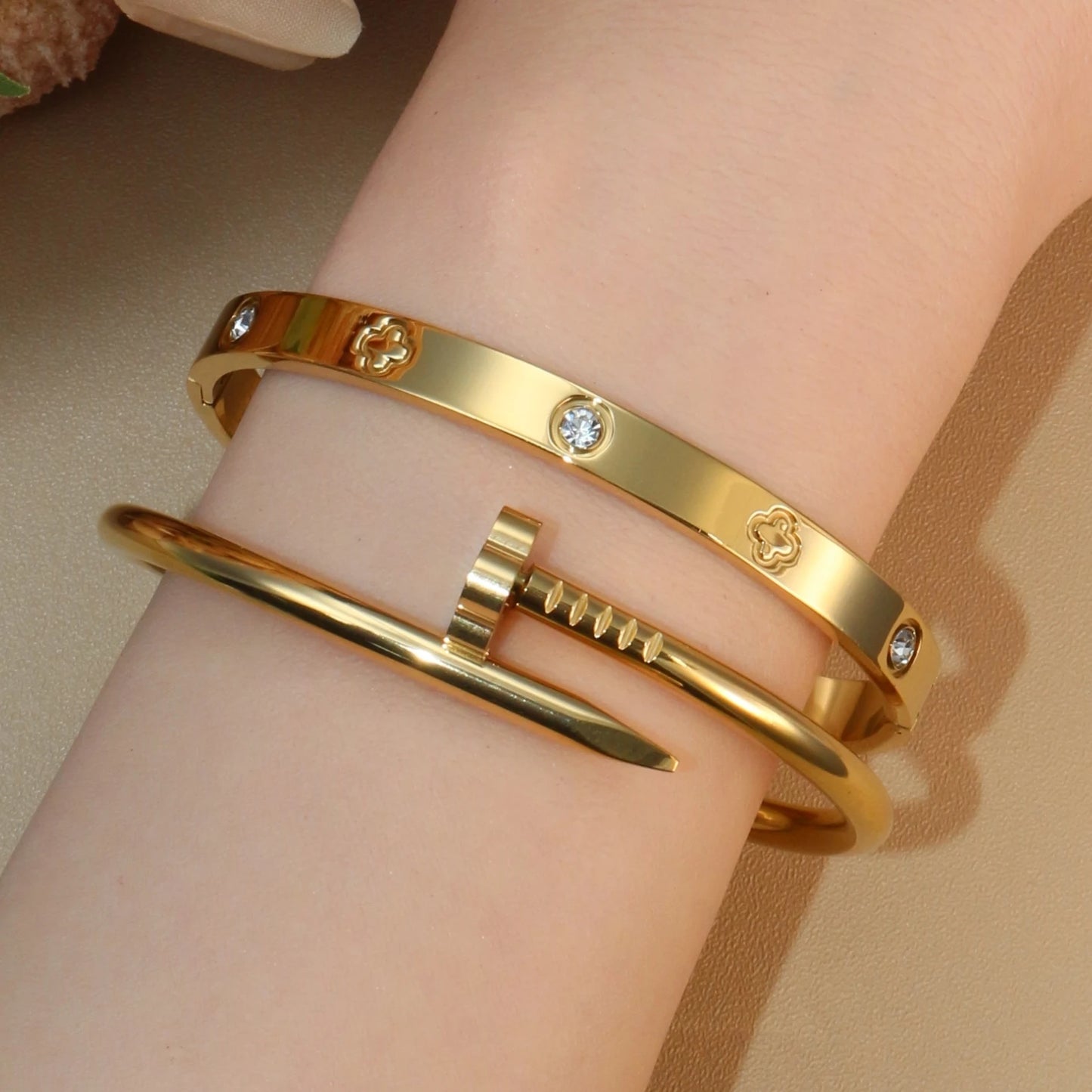 Women Heart Shaped Zircon Stainless Steel Gold Color 2-in-1 Bangles Bracelet Jewelry