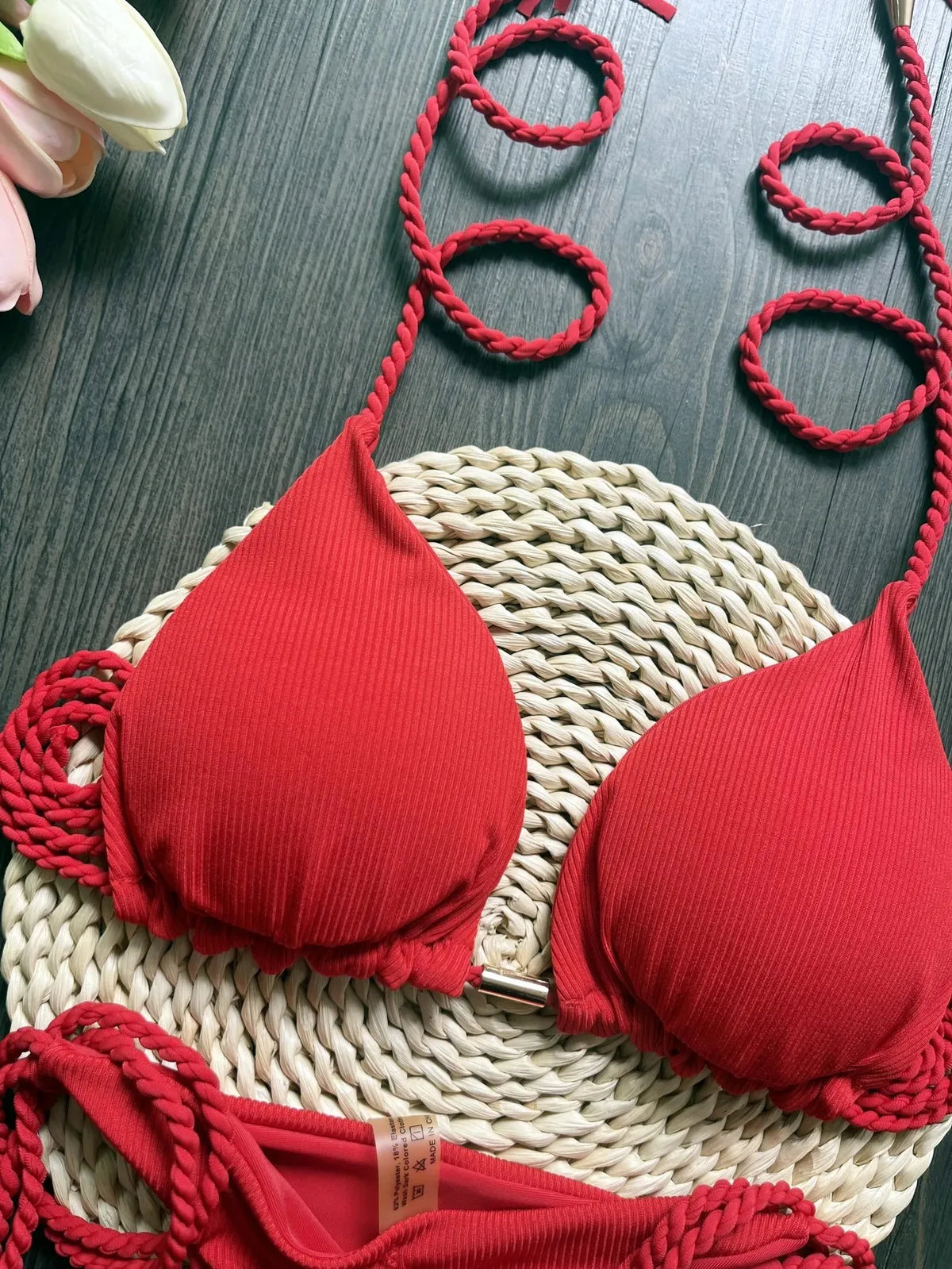 Women Swimsuit Braiding Rope Bikini Two-piece Triangle Solid Swimwear Bathing Suit Brazilian