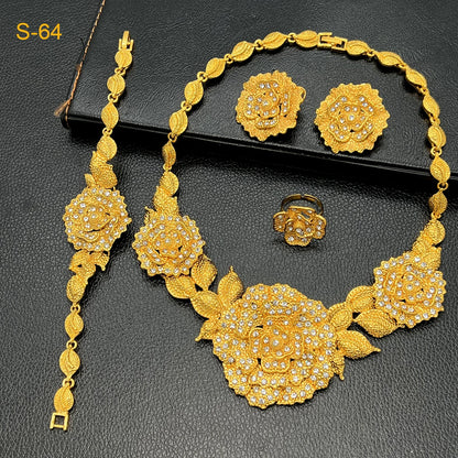 Brazilian 24K Gold Plated Women Dubai Indian African Bridal Wedding Big Pendant Necklace Earringsaf