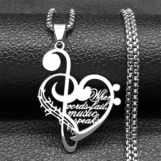 Love Heart Music Women Men Stainless Steel Gold Silver Color Necklace Pendant