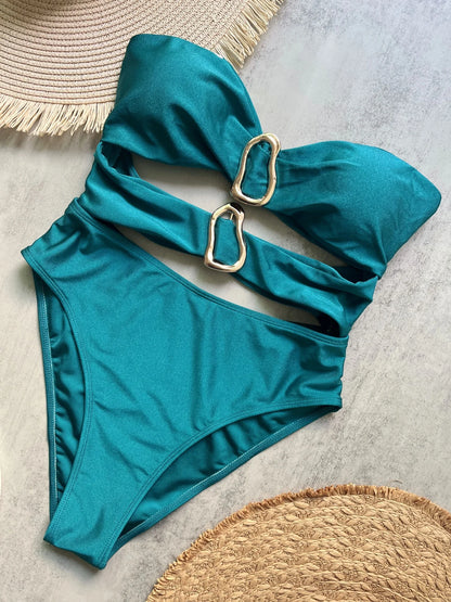 Sexy Strapless Hollow Out One Piece Women Beach Bikini Solid Backless Swimsuit
