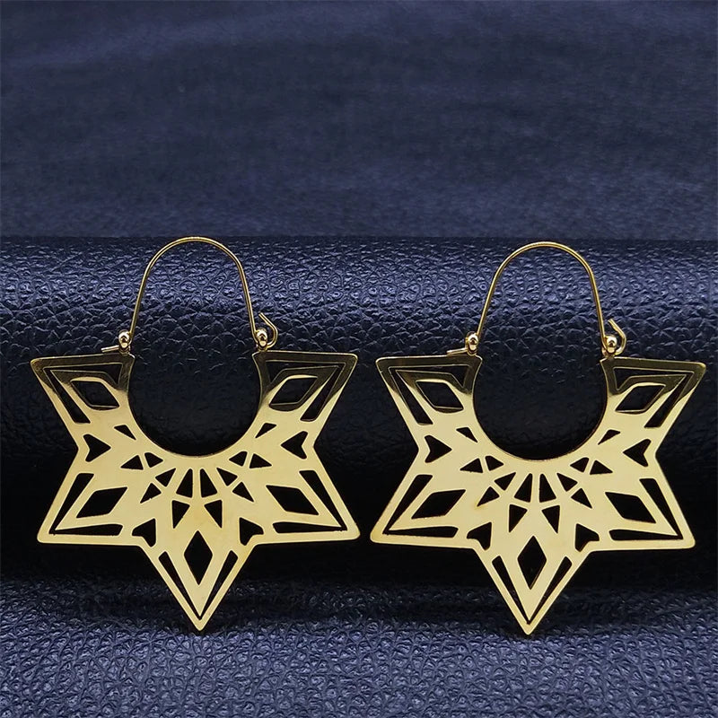 Women Yoga Lotus Flower Stainless Steel Gold Color Hoop Earrings