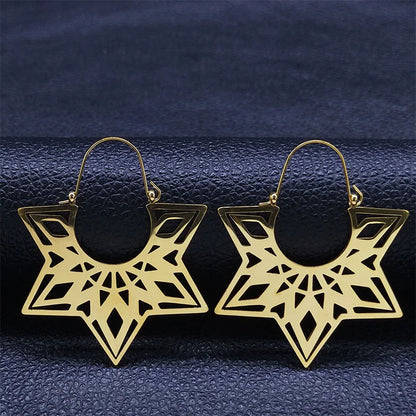 Women Yoga Lotus Flower Stainless Steel Gold Color Hoop Earrings