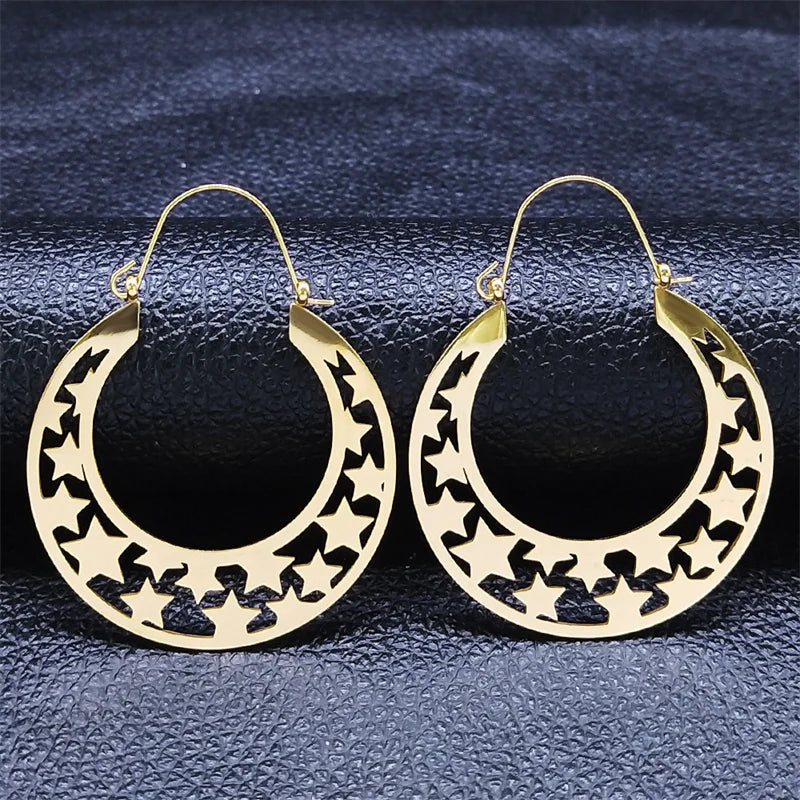 Women Yoga Lotus Flower Stainless Steel Gold Color Hoop Earrings