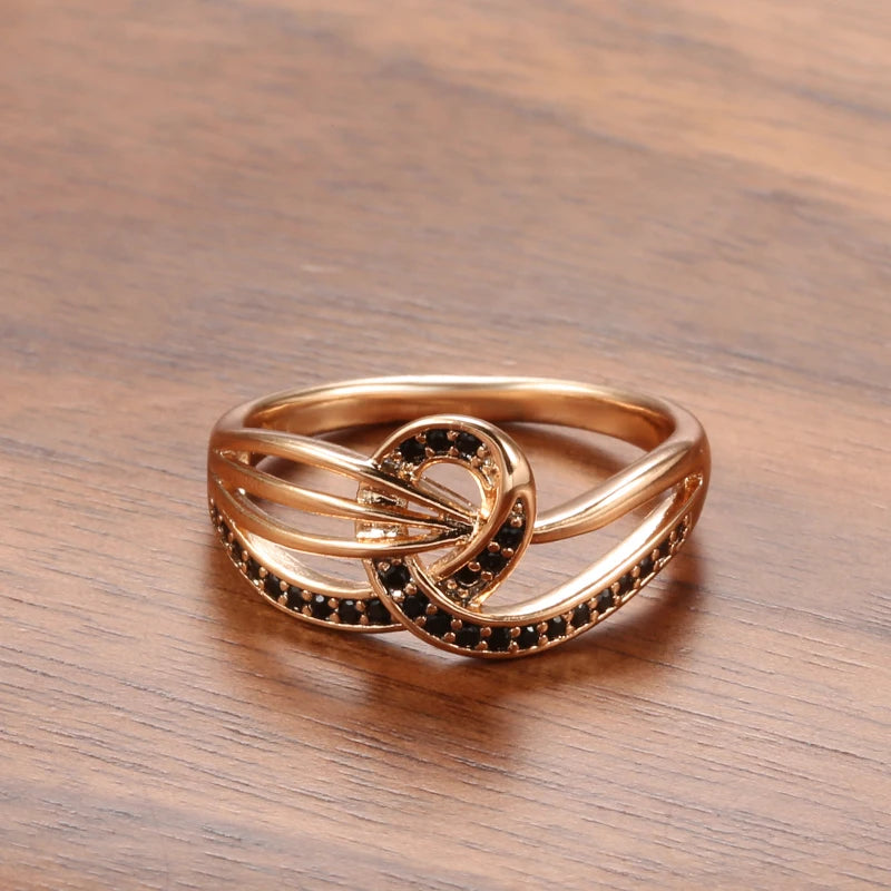 Women Classic Hollow Black Natural Zircon Russian Design 585 Gold Color Wedding Rings