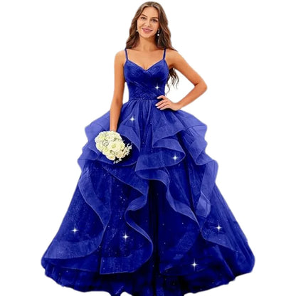 Sparkly Tulle Long Prom Spaghetti Straps Ball Glitter Tulle A-line Formal Evening Party Gown Dress