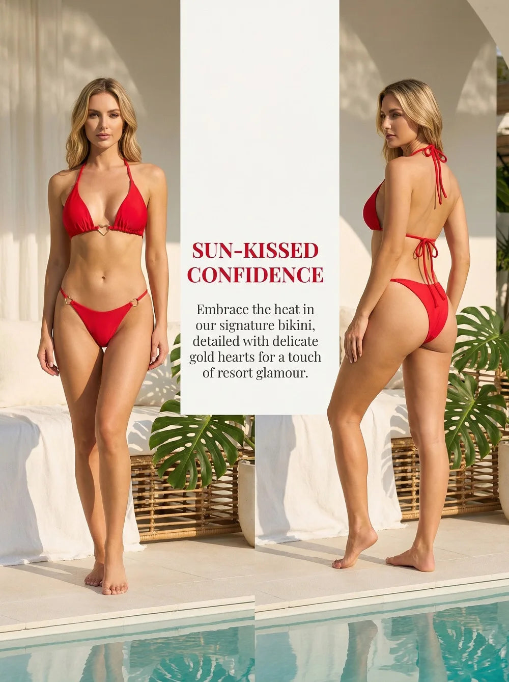 Women Solid Color Bikini Low Waist Lace-up Fashionable Swimsuit Two-piece Suit