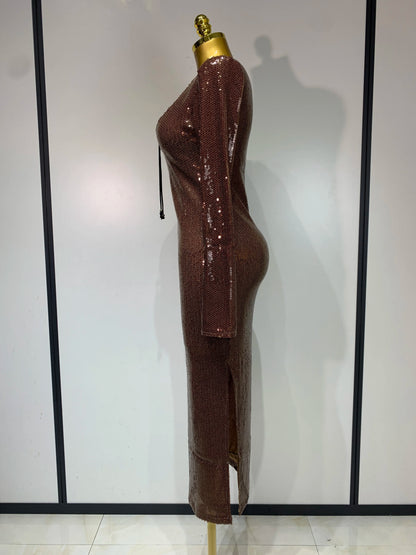 Women Sparkly Sequins Deep V Long Sleeves Midi Celebrity Birthday Party Prom Dress