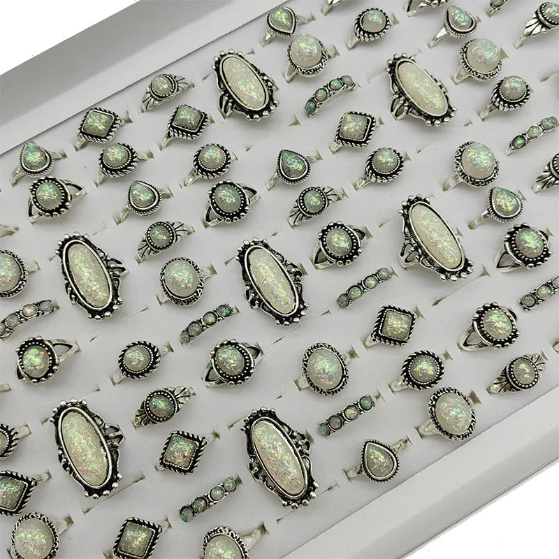 50pc/Lot Wholesales Women Gold Antique Silver Plate Enamel Opal Crystal Snake Rings