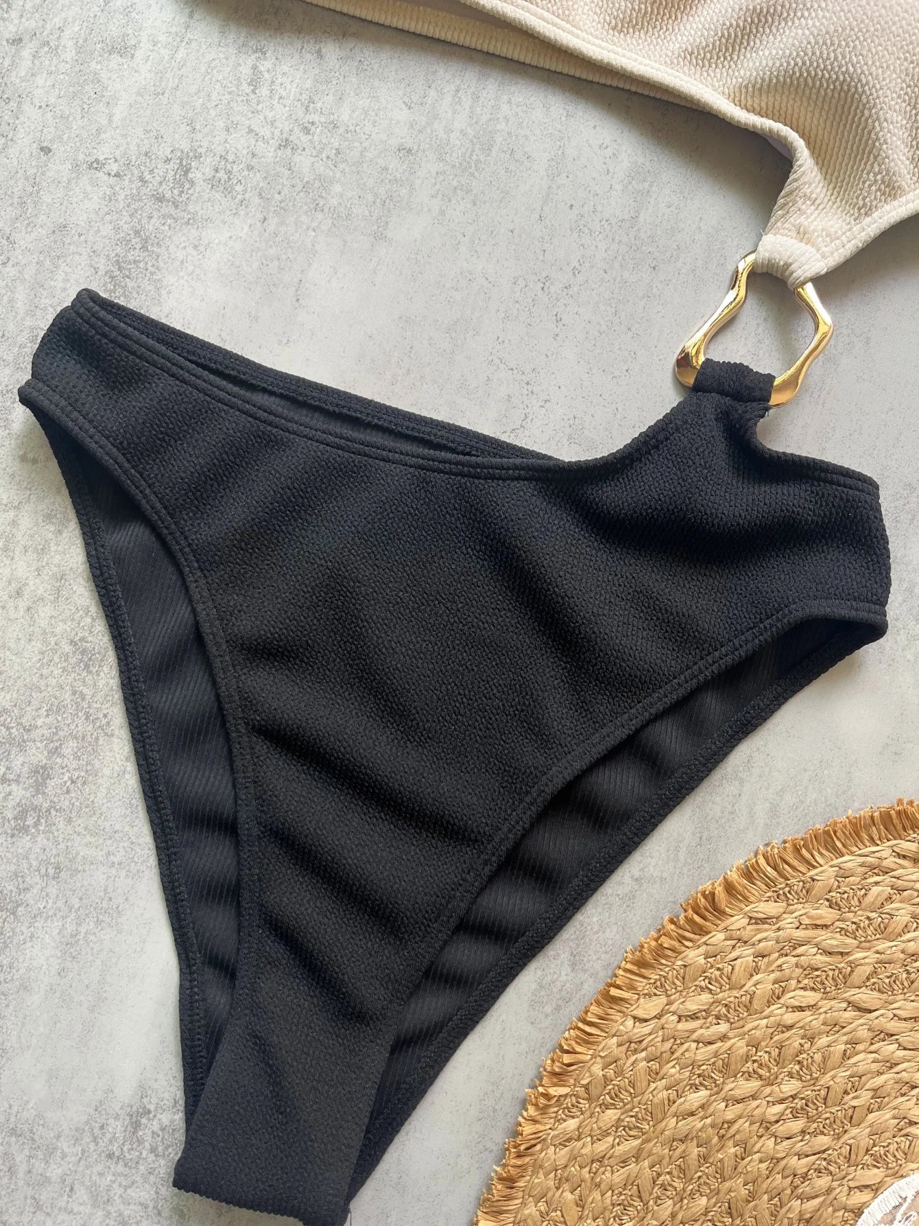 Women Splicing Asymmetric One Shoulder Piece Swimsuit Metal Ring High Cut Bather Bathing Suit