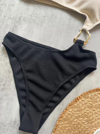 Women Splicing Asymmetric One Shoulder Piece Swimsuit Metal Ring High Cut Bather Bathing Suit