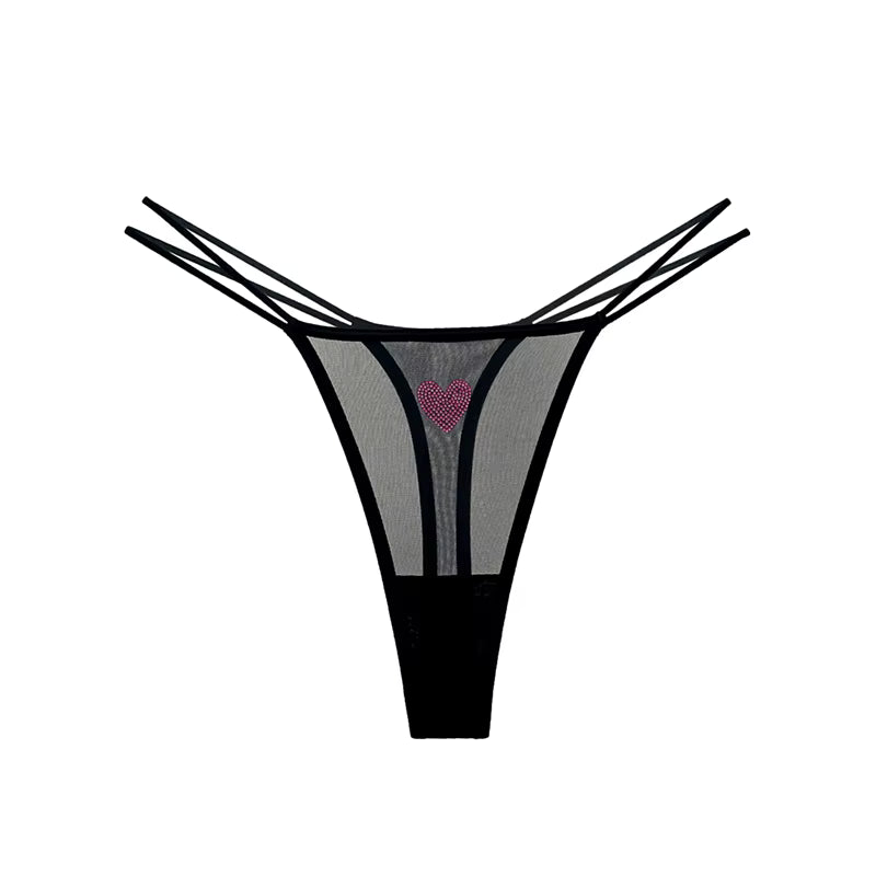 Women Lace Mesh Transparent Rhinestones Heart G-String T-Back Briefs Thong Panties Underwear