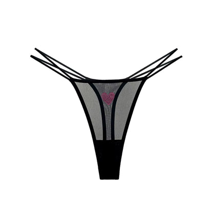Women Lace Mesh Transparent Rhinestones Heart G-String T-Back Briefs Thong Panties Underwear