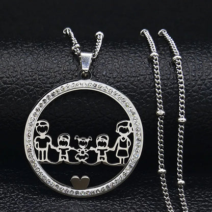Family Boy Gril Stainless Steel Silver Color Crystal Necklace