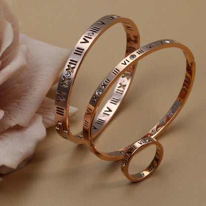 Stainless Steel 18K gold plated Roman Numeral Bracelet Bangles Ring 2-in-1 Jewelry