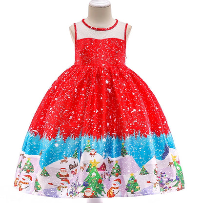 Kids Girls Princess Cartoon Santa Claus Snowflake Costume Xmas Party Print Dress