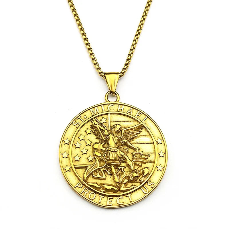 Women Men Stainless Steel Christian Saint Michael Archangel Protect Us Medal Chain Pendant Necklace
