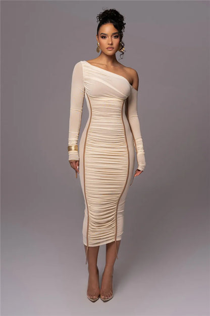 Sexy Diagonal Collar Long Sleeve Midi Two Layer Mesh Backless Ruched Bodycon Club Party Maxi Dress