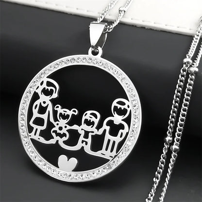 Family Boy Gril Stainless Steel Silver Color Crystal Necklace
