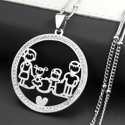 Family Boy Gril Stainless Steel Silver Color Crystal Necklace