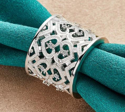 925 Sterling Silver Big Net Women Wedding Engagement Charm Weaving Ring