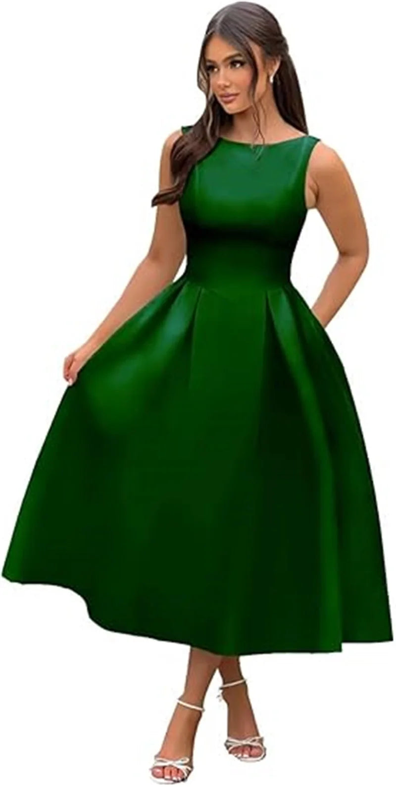Simple Elegant O-Neck Satin Midi Prom Tea Length Backless A Line Formal Evening Party Bridal Dress w/ Pockets