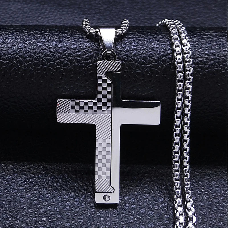 Men Stainless Steel Gold Color Bible Amulet Cross Christian Church Prayer Necklace