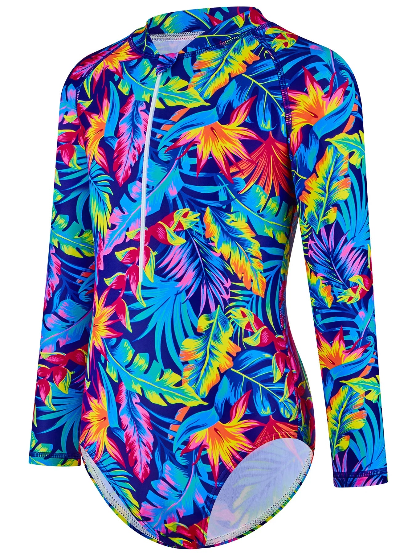 Kids Girls One-Piece Long Sleeve All-over Plants Colorful Leaves Print Boyleg Shorts Swimsuit