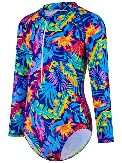 Kids Girls One-Piece Long Sleeve All-over Plants Colorful Leaves Print Boyleg Shorts Swimsuit
