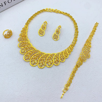 Women Wedding Dubai African Indian Flower Gold Plated Necklace Jewelry Sets