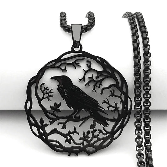 Hollow Crow Raven Birds Pendant Necklace Women Men Stainless Steel Black Color Love Flower of Life Knight Chain Jewelry Gifts