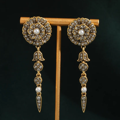 Vintage Luxury Camellia Rose Flower Designer White Rhinestones Layer Antique Indian Long Drop Dangle Earrings