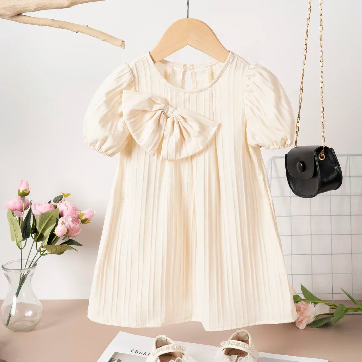 Kids Girl Solid Color Bubble Sleeve Cute Bow Party Birthday Outing Dress