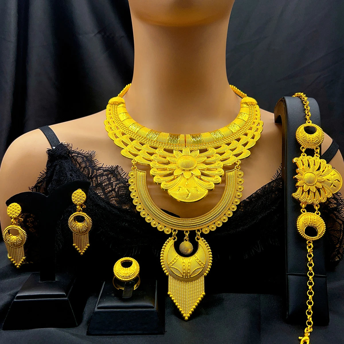 African Dubai Big 24K Gold Plated Women Wedding Indian Brazilian Pendant Necklace Earrings