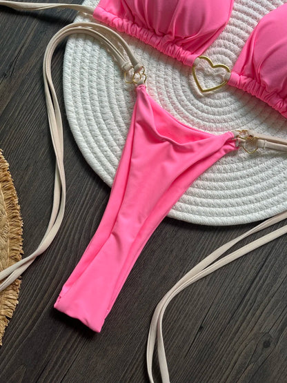 Solid Color Bikini Low Waist Lace-up Fashionable Swimsuit Two-piece Suit