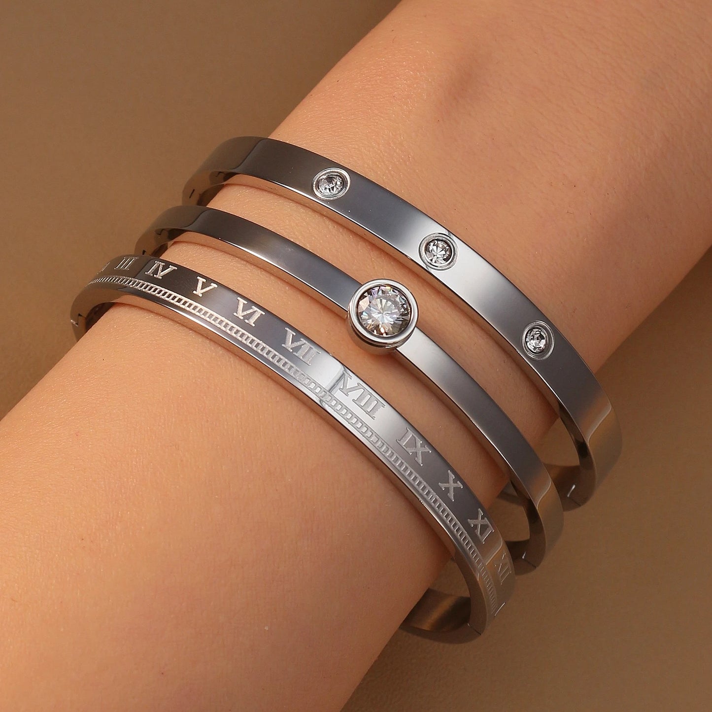 Women Roman Numeral 18k Gold Color Stainless Steel Zircon Bracelet Bangles