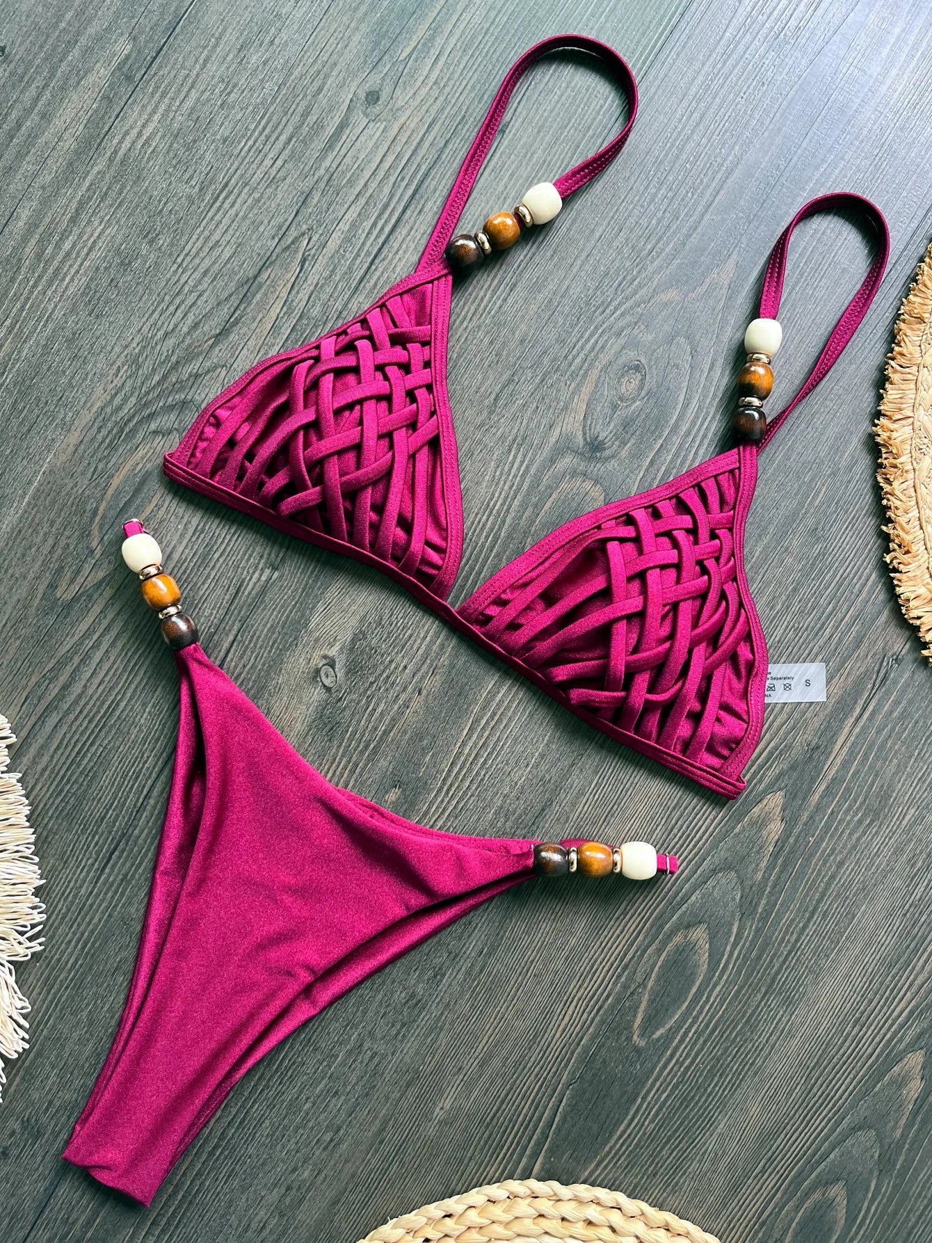 Sexy Women Pearls Strap Hole Out Push Up Bra Thong Swimsuit Brazilian Beach Bathing Micro Bikini Suit