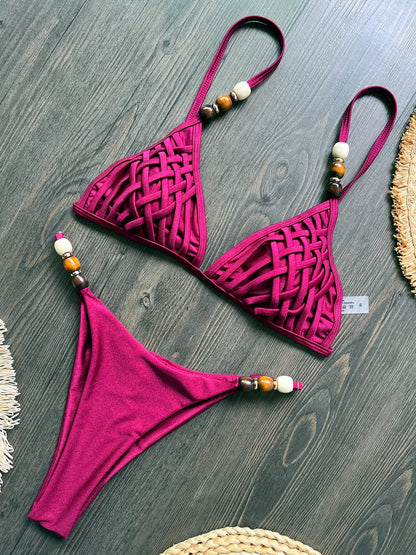 Sexy Women Pearls Strap Hole Out Push Up Bra Thong Swimsuit Brazilian Beach Bathing Micro Bikini Suit